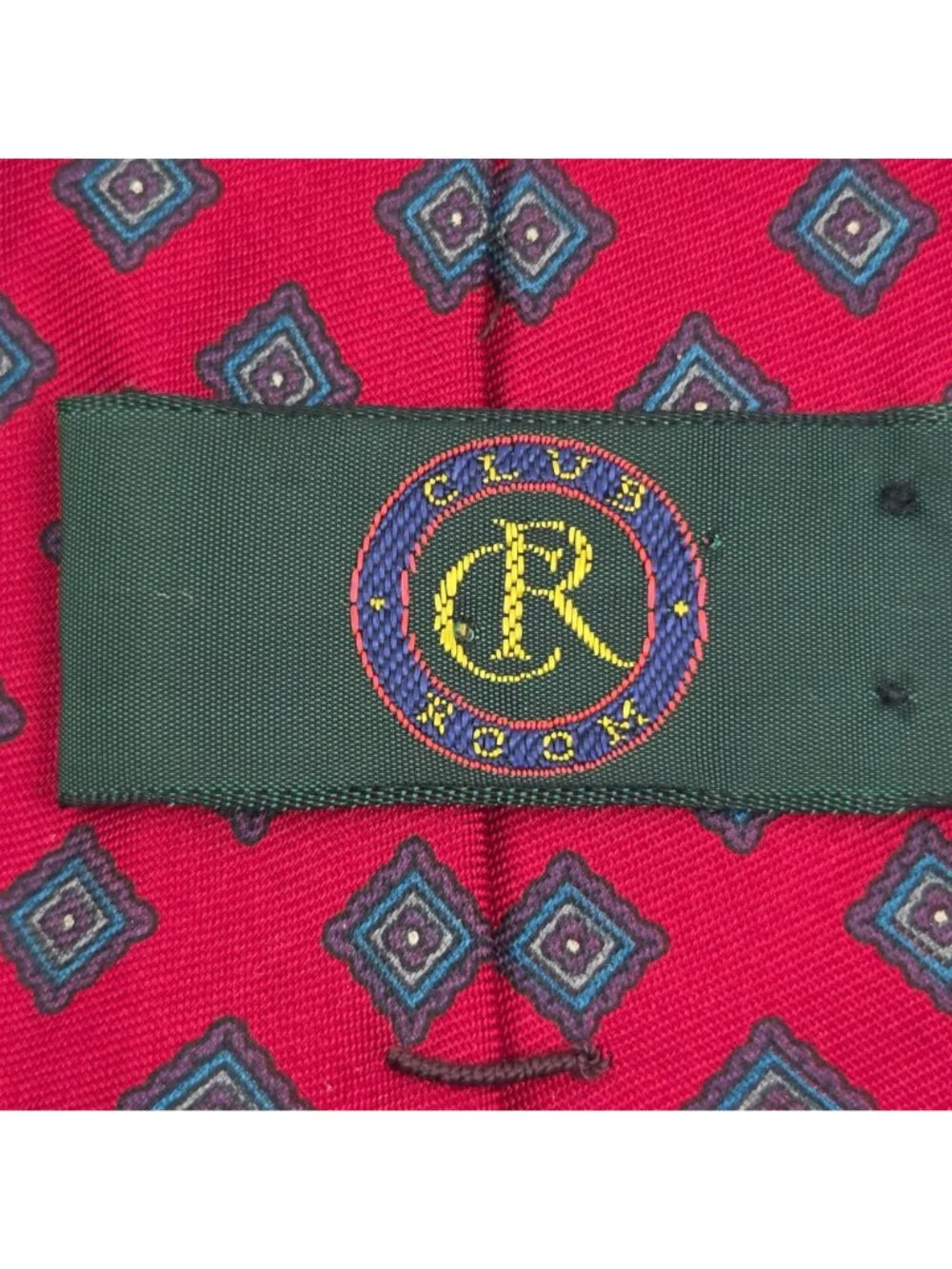 Club Room Tie Mens Silk Red Background Geometric Blue Square Medallion Pattern